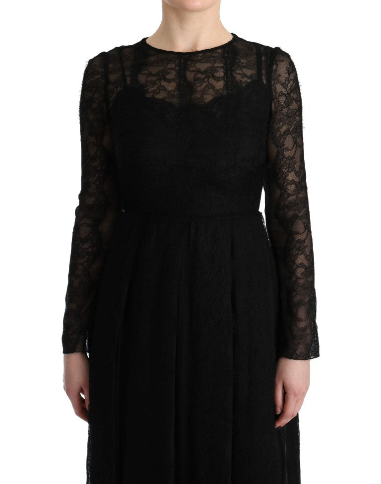 Dolce & Gabbana - Black Floral Lace Sheath Silk Dress