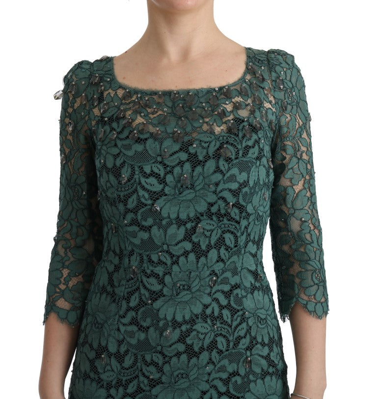 Dolce & Gabbana - Green Floral Crystal Ricamo Sheath Dress