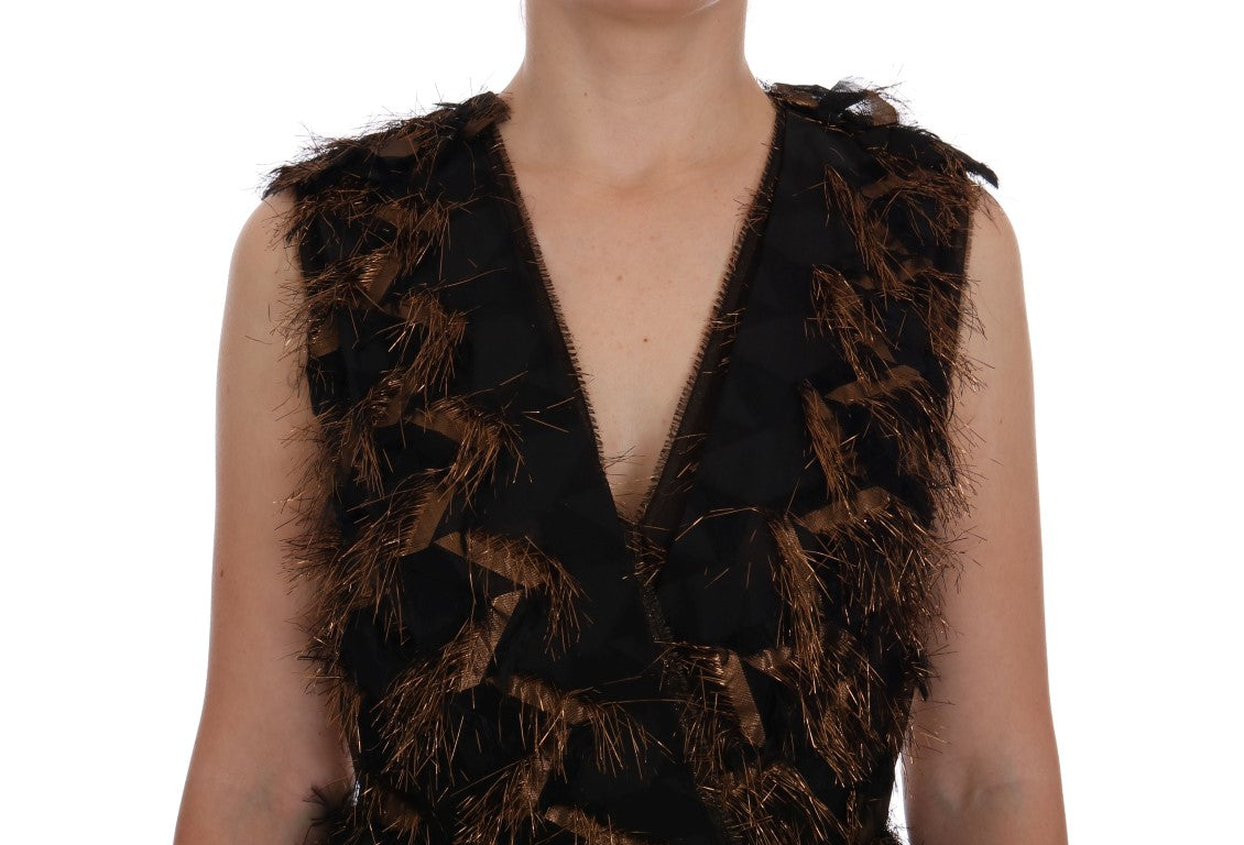 Dolce & Gabbana - Black Silk Brown Fringes A-Line Dress
