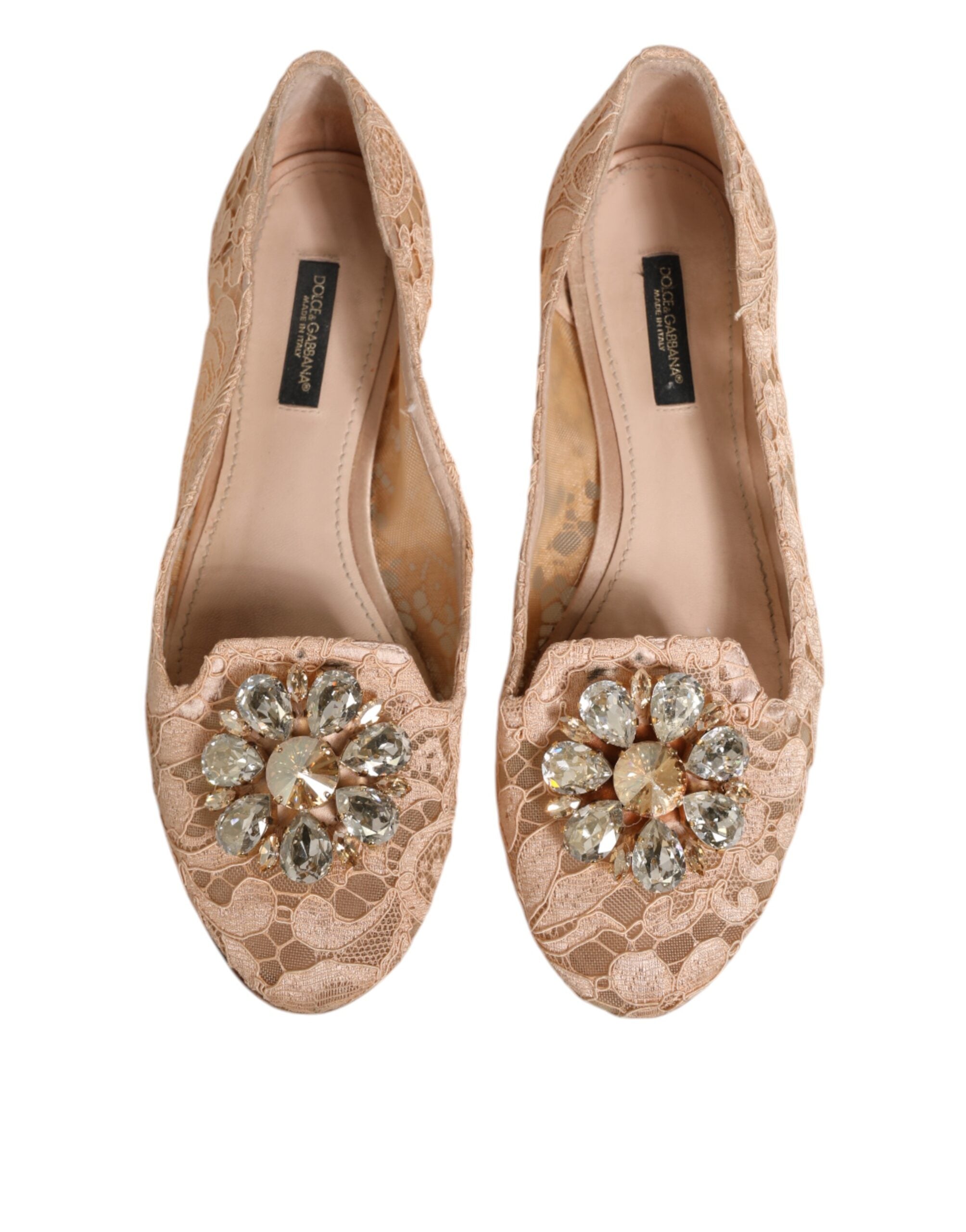Dolce & Gabbana - Beige Taormina Lace Crystals Flats Shoes