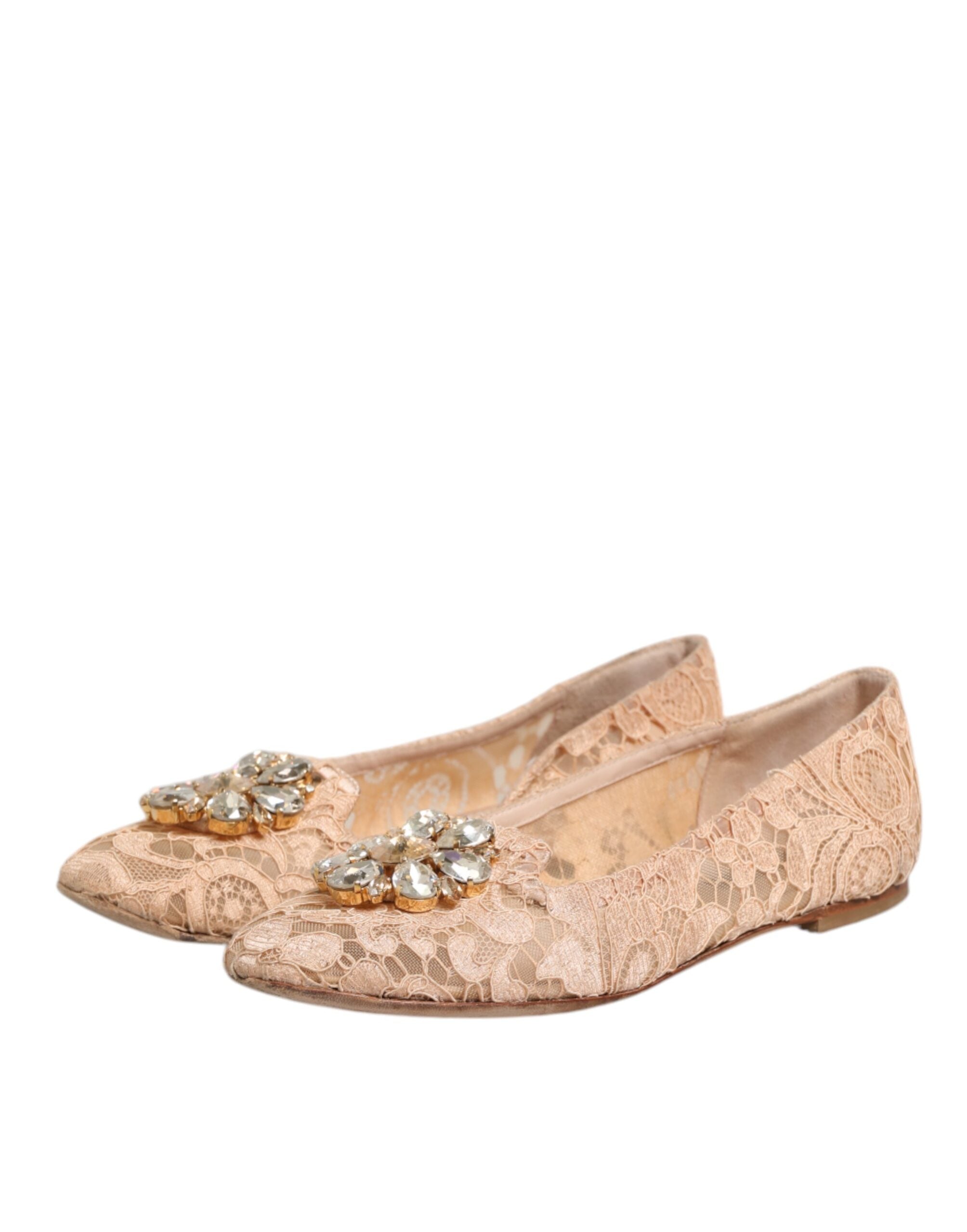 Dolce & Gabbana - Beige Taormina Lace Crystals Flats Shoes