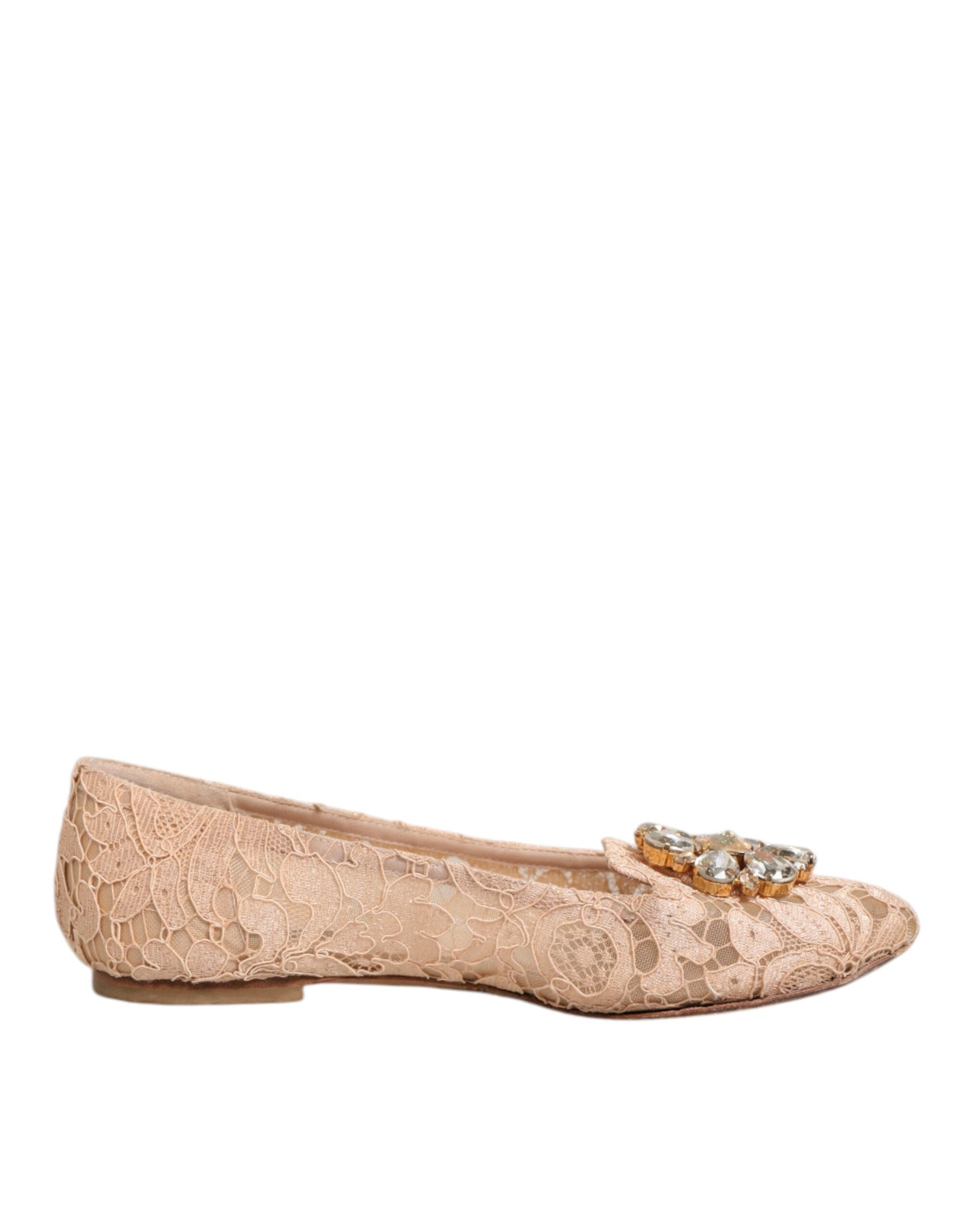 Dolce & Gabbana - Beige Taormina Lace Crystals Flats Shoes