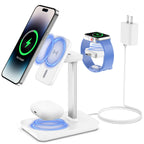 Magnetic Charging Station with Detachable Apple Watch Charger 3-in-1 Mag-Safe Wireless Charger Stand for iPhone 15/14 13 12 Pro Max/Plus/Pro/Mini AirPods Pro/3/2 and Apple iWatch White