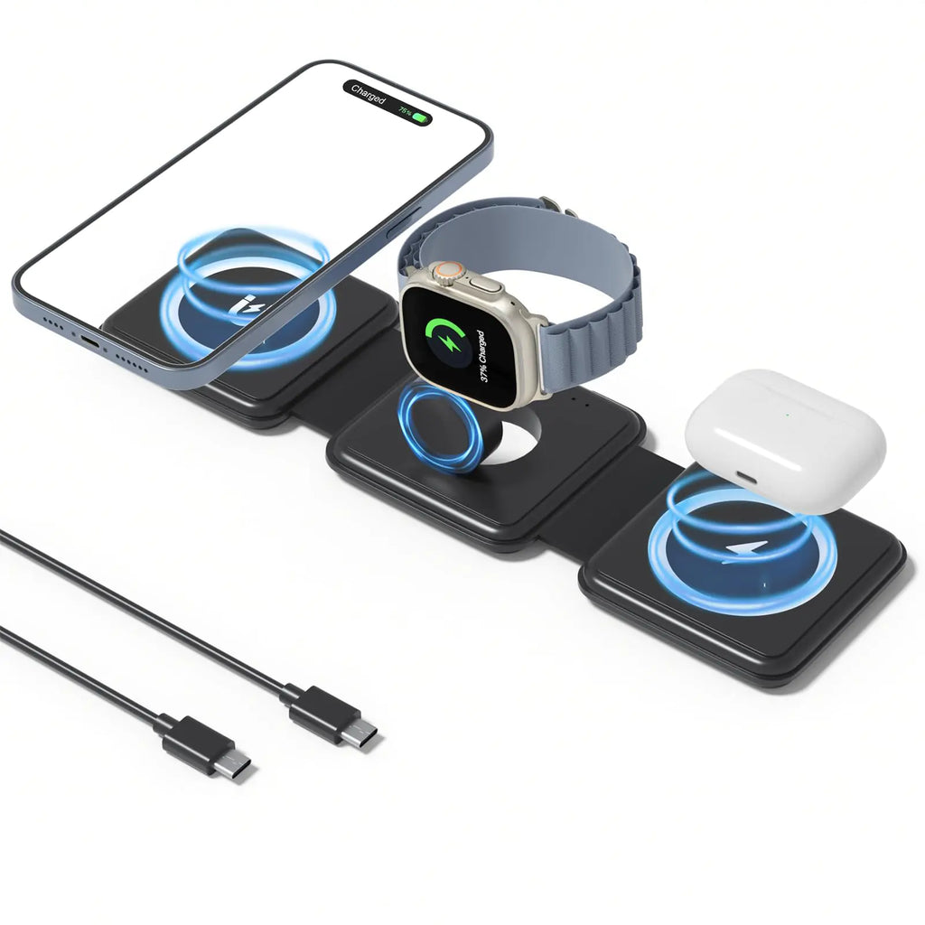 3 in 1 Charging Station for Apple Devices Foldable Charger for iPhone Wireless Charger for Multiple Devices Travel Charging Pad for iPhone 16 15 14 13 12 Pro Max Plus Apple Watch (Black)