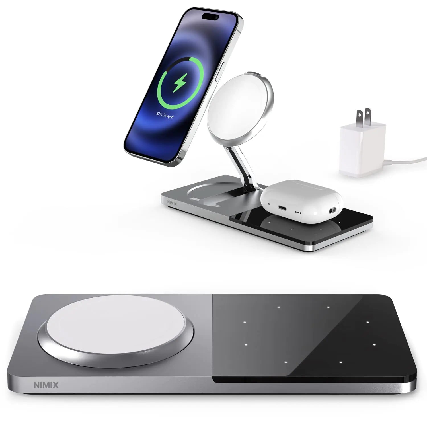 NIMIX Magnetic Wireless Charging Station 2 in 1 Magsafe Charger Stand Fast Compatible with iPhone 14/13/12/pro/max/mini AirPods 2/3/pro Station Foldable Silver (W323-Ni)