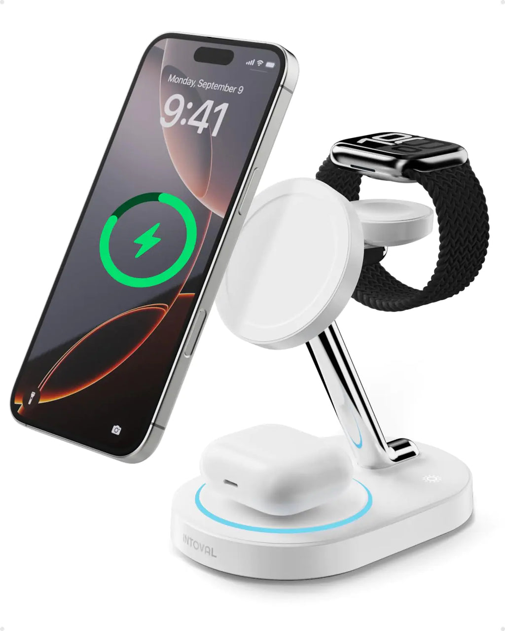 Intoval Fast Charging Station for Magsafe Apple Devices Wireless Charger for MagSafe iPhones 3 in 1 Magnetic Charger Stand for iPhone16/15/14/13 Apple Watch & AirPods.(White)