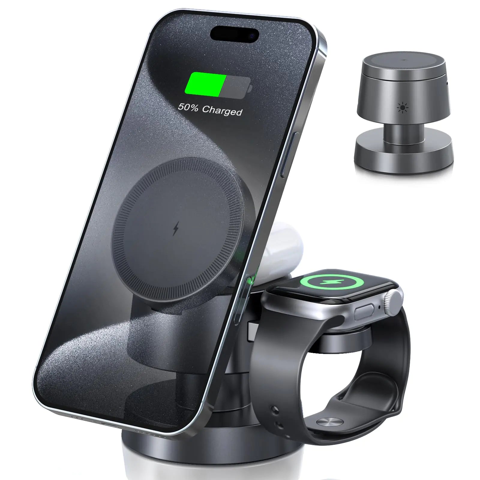 Wireless Phone Charger with Night Light: Foldable 3 in 1 Dock Fast Charging Station for iPhone & Airpods & Apple Watch Portable Wireless Chargers Compatible to Multiple Magsafe Devices