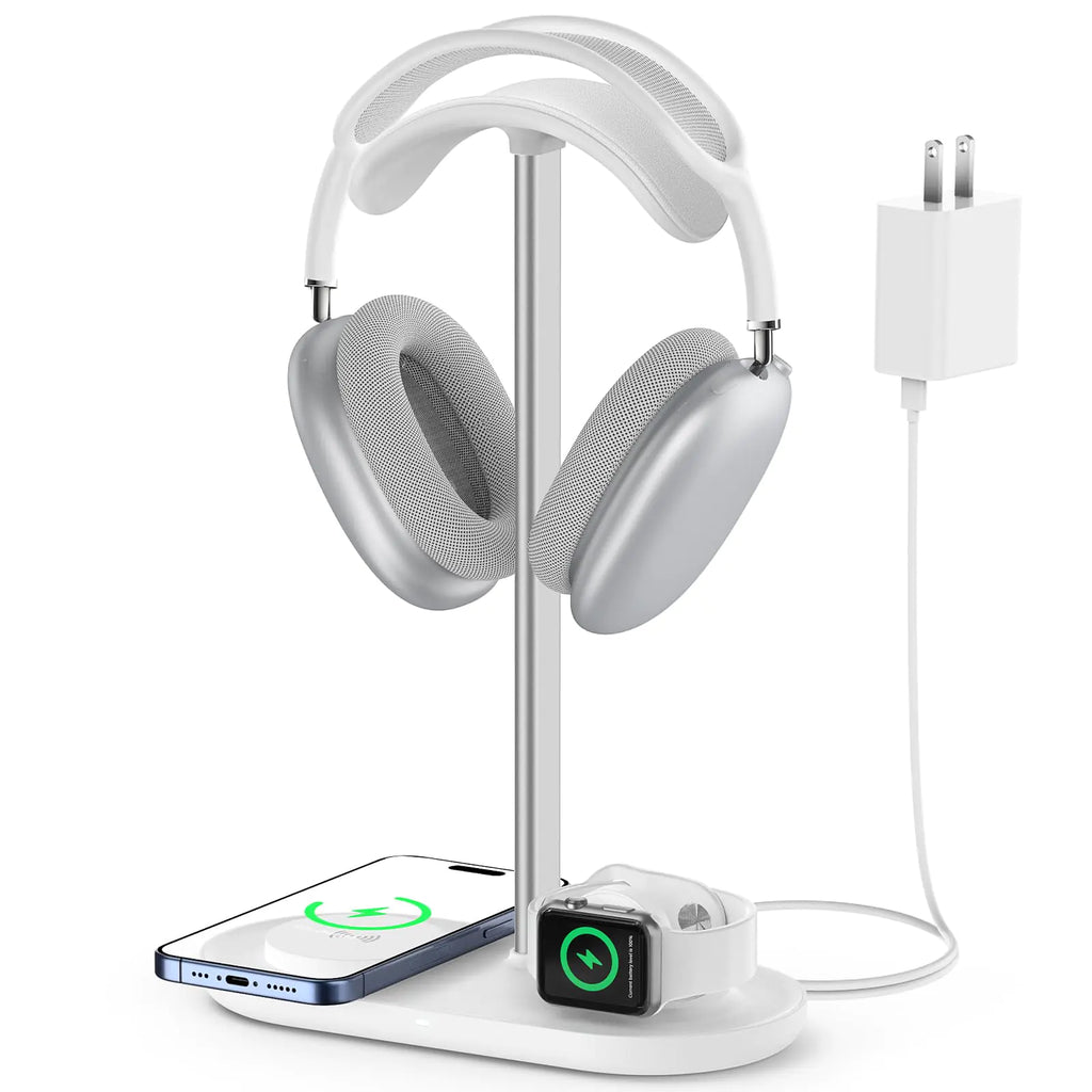 HiWe 3-in-1 Headphone Stand - Universal Desktop Gaming Headset Holder with Wireless Charger for Phones/AirPods/iWatch Aluminum Alloy Rod Leather Pad ABS Solid Base White