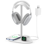 HiWe 3-in-1 Headphone Stand - Universal Desktop Gaming Headset Holder with Wireless Charger for Phones/AirPods/iWatch Aluminum Alloy Rod Leather Pad ABS Solid Base White