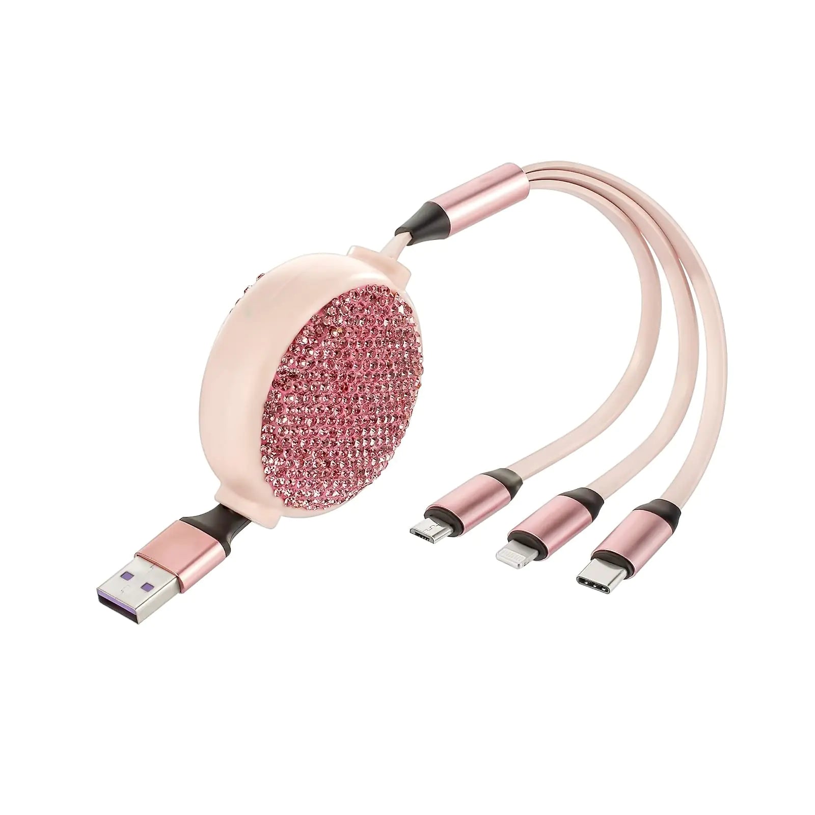 UPPWOO 3-in-1 Dazzling Rhinestone Charger Cable Multi Retractable | 3.6Ft | Fast Charge for iPhone/Type-C/Micro-USB | Uniquely Designed for Tech Savvy Fashionistas