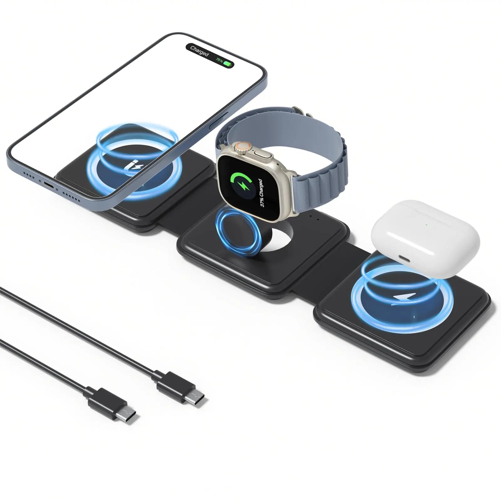3 in 1 Charging Station for Apple Devices Foldable Charger for iPhone Wireless Charger for Multiple Devices Travel Charging Pad for iPhone 16 15 14 13 12 Pro Max Plus Apple Watch (Black)